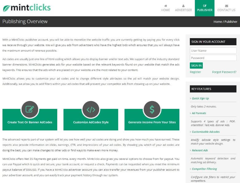 mintclicks publisher page