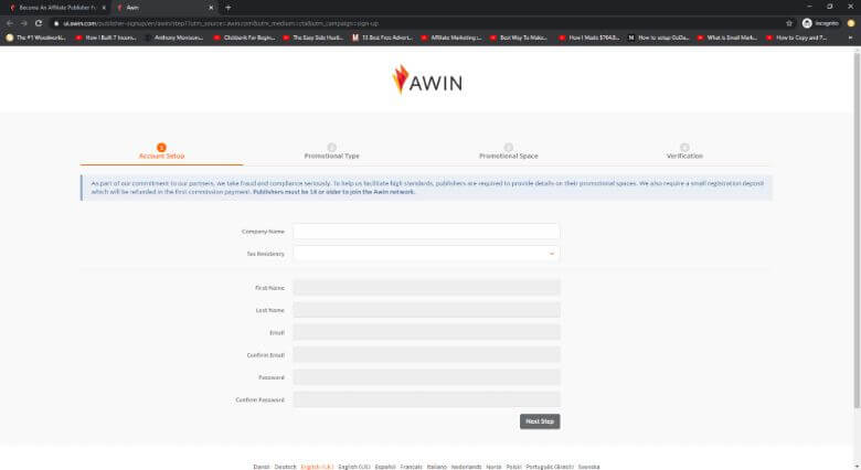 Awin application page