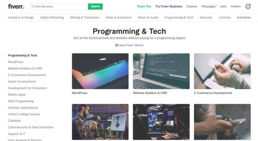 Fiverr.com programming page